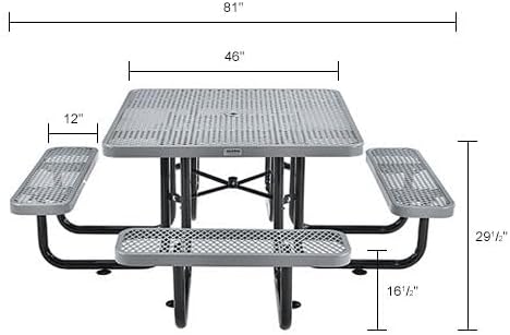 Global Industrial 46" Square Picnic Table, Expanded Metal, Gray Thermoplastic Coating, Attached Benches, 1-1/2” Umbrella Pole Hole, Outdoor-Rated, 1000 lb Capacity