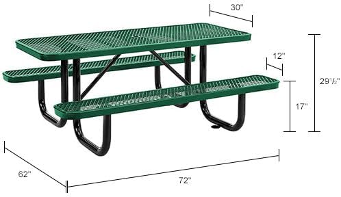Global Industrial 6’L Rectangular Picnic Table, Expanded Metal, Green Thermoplastic Coating, Attached Benches, 1-1/2” Umbrella Pole Hole, Outdoor-Rated, 1000 lb Capacity, 72” x 30” Tabletop