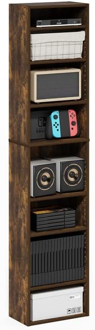 Adjustable Shelves Multimedia Storage Tower Rack with Spacious Media Organization, Durable Design, Versatile Rack for DVDs, CDs, Games, and More Amber Pine/8 Tier Narrow
