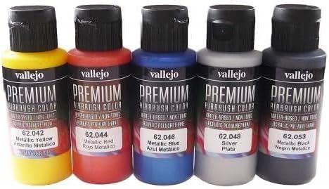 Vallejo - Premium Color Set Metallic Colors | Water-Based Multi-Surface Pigments | Different Metal Color Finishes | Acrylic Professional Airbrushing Kit | 5 Bottles x 60 ml. (2.02 fl.oz.)