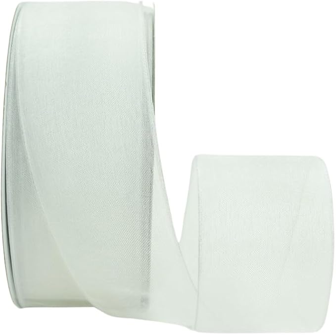 Ribbon Bazaar Sheer Organza Wired Ribbon - 100% Polyester Wire Edged Ribbon for Floral Decor, Table Arrangements, Apparel Embellishment & More - 2-1/2" White 50yd