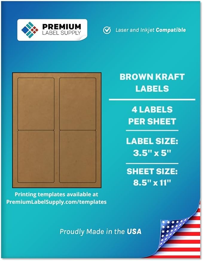 Premium Label Supply Brown Kraft Sticker Labels – 3.5" x 5" – Laser/Inkjet Compatible – (4 per Sheet), 25 Sheets – 100 Total Adhesive Labels
