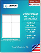 Premium Label Supply Waterproof Matte White Sticker Labels – 4" x 3.33" – Laser Printers Only – (6 per Sheet), 25 Sheets - 150 Total Adhesive Labels