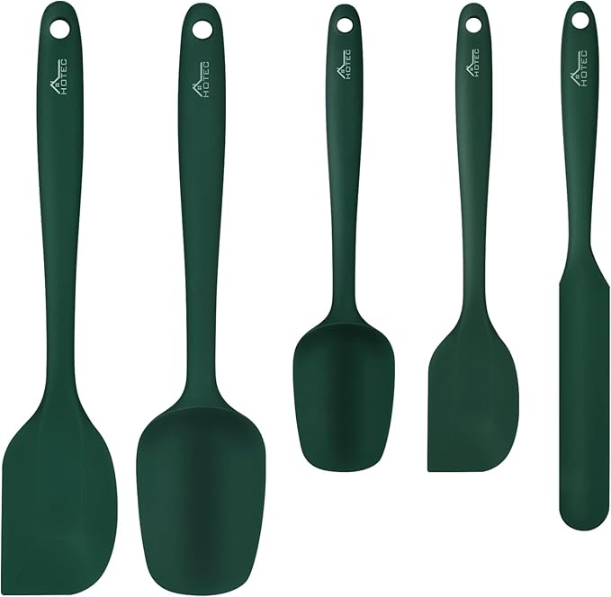 HOTEC 600℉ Heat Resistant BPA-Free Silicone Rubber Spatula Set,Kitchen Cooking Spatulas, Baking, Mixing for Non Stick Cookware, Dishwasher Safe, Dark Green Set of 5
