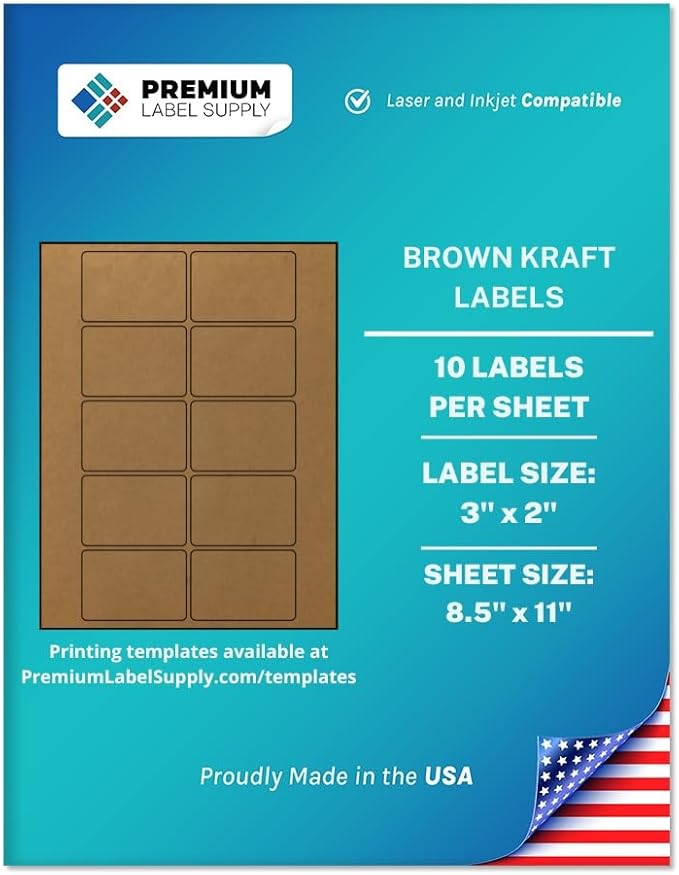 Premium Label Supply Brown Kraft Sticker Labels – 3" x 2" – Laser/Inkjet Compatible – (10 per Sheet), 500 Sheets – 5,000 Total Adhesive Labels