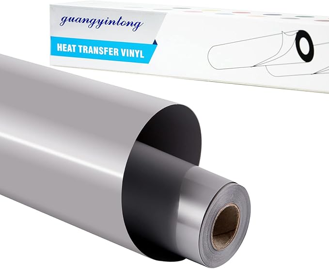 Guangyintong Heat Transfer Vinyl HTV Rolls, 12" x 8ft Iron on Gray Vinyl for T-Shirts, Glossy Surface, Easy to Cut & Weed, All Cutter Machines
