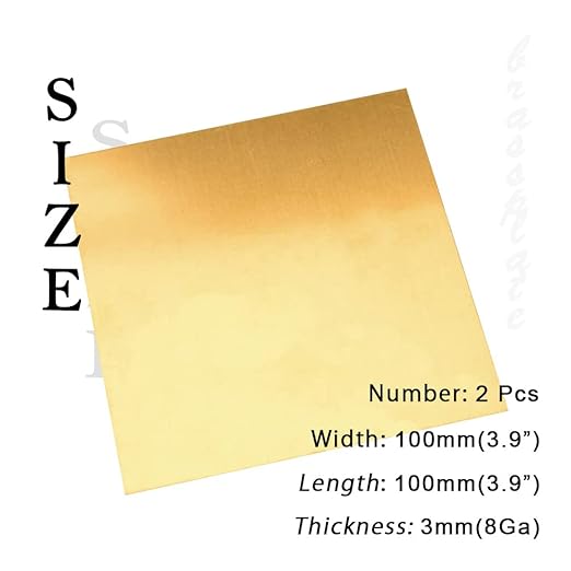 8 Gauge Brass Sheet，H62 Brass Plates Metal 0.118" Thickness x 3.9" Width x 3.9" Lenght, for Models, Crafts, Repairs, Electrical, 2Pcs