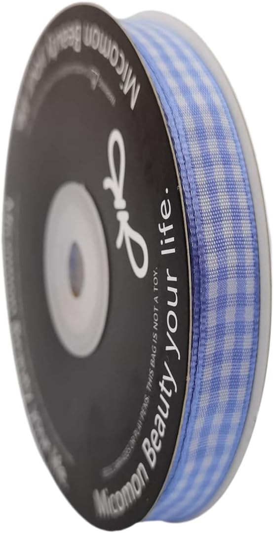 Light Blue Gingham Plaid Checked Ribbon 25 Yard Each Roll 100% Polyester (3/8", Lt.Blue)