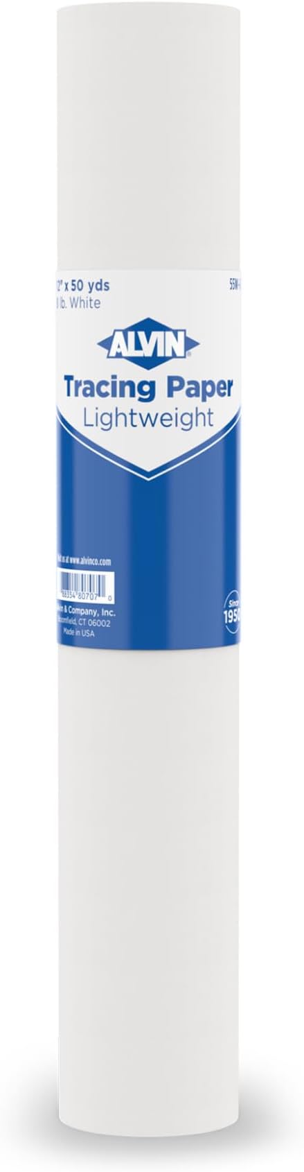 ALVIN 55W-G Lightweight Tracing Paper Roll, White, Suitable with Ink, Charcoal, Felt Tip Pen, for Sketching or Detailing - 1-inch Core (50 Yards, 12")