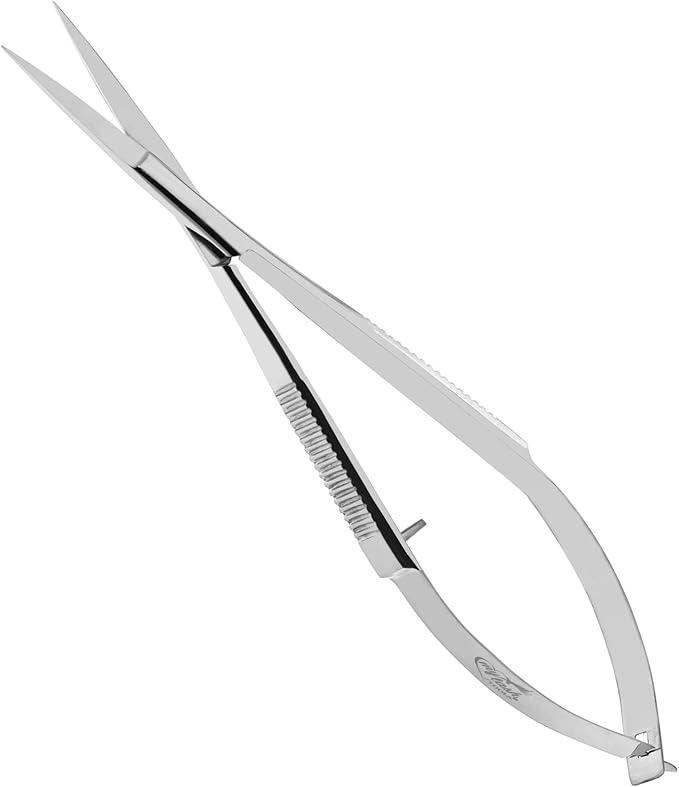 Cross Edge Spring Scissors 5 Inch straight Stainless Steel Precision Eyebrow & Eyelash Shaping & Trimming Scissor, Snips Squeeze, Embroidery, Knitting Micro Tip Craft Scissors (Silver)
