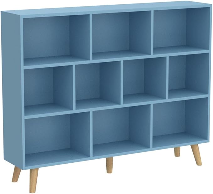 IOTXY Wooden Open Shelf Bookcase - 3-Tier Floor Standing Display Cabinet Rack with Legs, 10 Cubes Bookshelf, Bright Blue