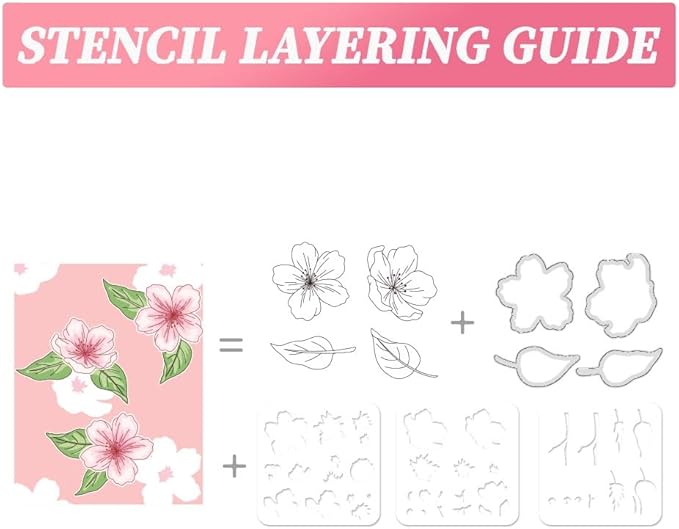 ORIGACH Realistic Peach Blossom Layering Stencils Set for Card Making, Flower Stencil Template Silicone Stamps and Die Sets for Scrapbooking DIY Crafting
