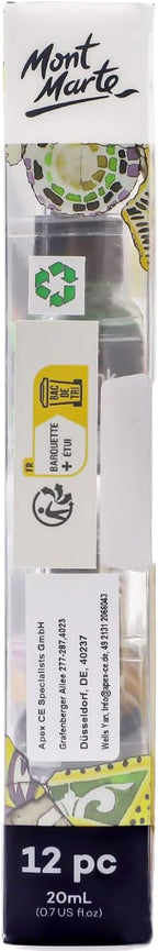 Mont Marte Acrylic Ink Premium 12pc x 20ml (0.7 US fl.oz), Acrylic Inks for Artists, Essential Colors, Ideal for Air Brush, Pouring Art, Scrapbooking, Ink Drawing, Mixed Media