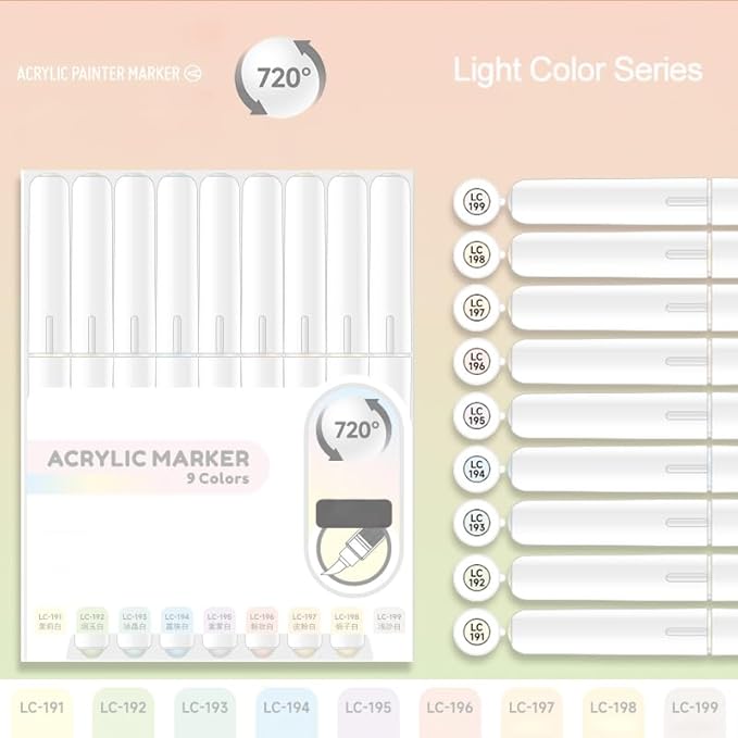 Water Based Acrylic Paint Markers, 9 Colors Acrylic Paint Pens Set with Soft Brush Tip, Marker Pen for Rock Painting, Egg, Wood, Glass, Paper, Acrylic Painter Ink (Light Color)