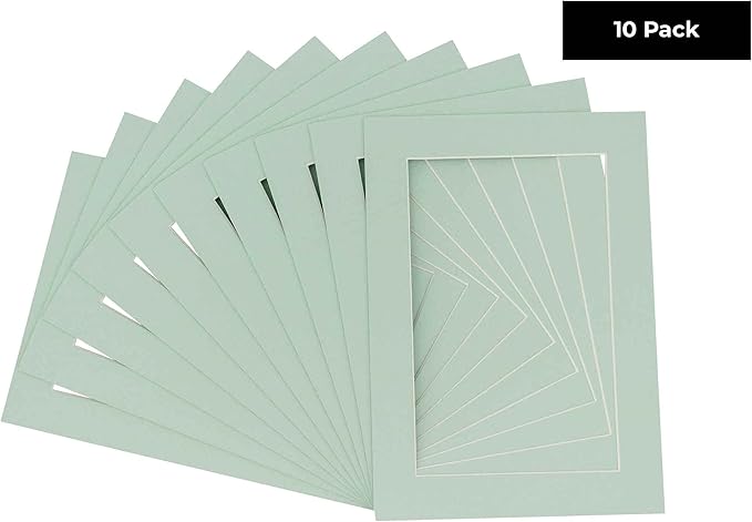 Pack of TEN 8x10 Mats Bevel Cut for 5.5x8.5 Photos - Acid Free Honeydew Green Precut Matboards For Pictures, Photos, Framing - 4-ply Thickness