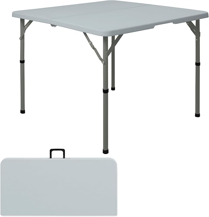 34" Square Folding Table,Multi-Functional Portable Folding Card Table with Carrying Handle for Indoor Outdoor Camping,Picnic, Office, Party Use, HDPE Plastic Tabletop with Metal Frame(Grey)