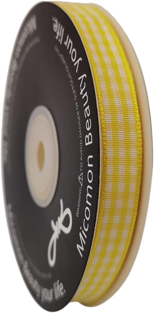Yellow and White Gingham Plaid Checked Ribbon 25 Yards Per Roll Checkerd Craft 100% Polyester (3/8", Yellow)
