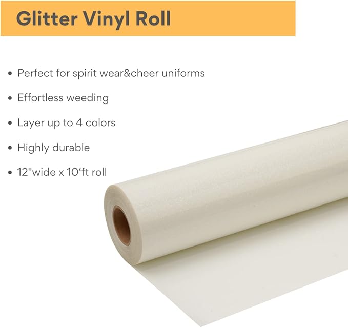 White Glitter HTV Roll -12" x10ft Iron on Heat Transfer Vinyl for DIY Shirts Gifts