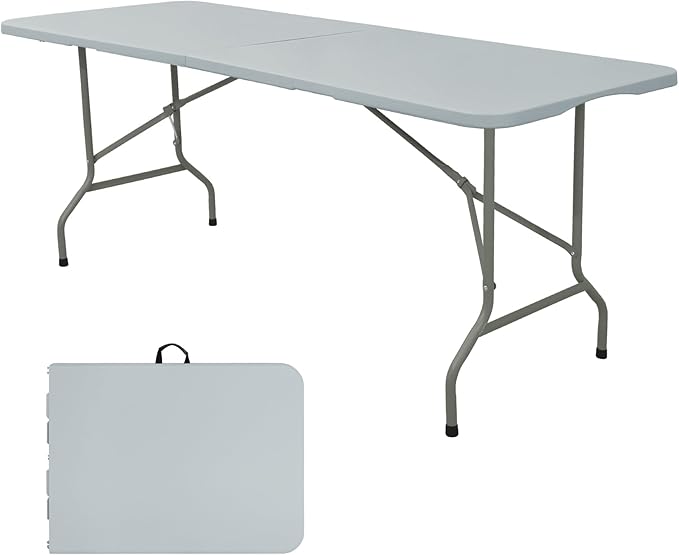 Folding Table 5FT Camping Table Portable Heavy Duty Plastic Rectangular Outdoor Dining Table Steel Legs Fold-in-Half with Carrying Handle for Indoor,Picnic,Party,Wedding,Events(Grey)