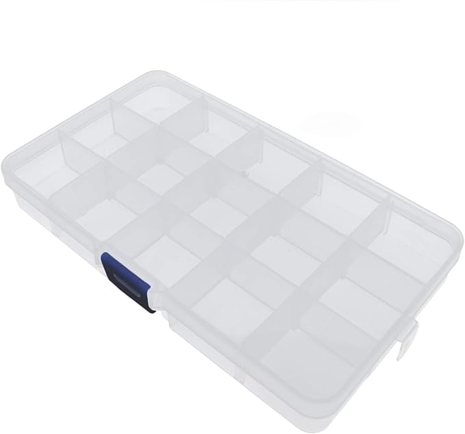 Xiaoyztan Clear Plastic Organizer, 15 Small Grids with Adjustable Dividers, Jewelry Box Bead Storage Container for Small Parts, Fishing Tackle, DIY Crafts, and Earrings, 2Pcs