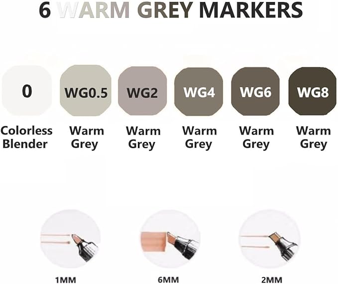 6 Colors Warm Grey Gray Alcohol Markers Set, Dual Tips Art Markers Drawing Sketched Double Tipped for Adults Beginner Kids (Warm Grey)