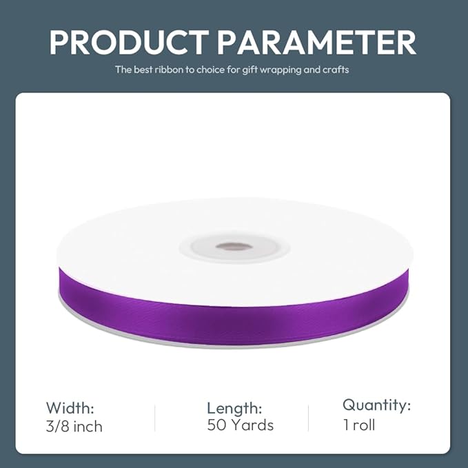 KMER LIFE 3/8" Wide x 50 Yards Purple Single Faced Polyester Satin Ribbon, Purple Satin Ribbon Perfect for Wedding Decor, Wreath, Crafts, Gift Wrapping & Other Projects (Purple)