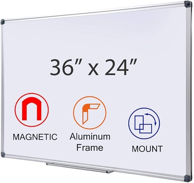 36 x 24 inch Magnetic Dry Erase Board, DexBoard Mall-Mounted Aluminum Frame White Board with Pen Tray, Dry Erase Marker Whiteboard for Office, School and Home Usage