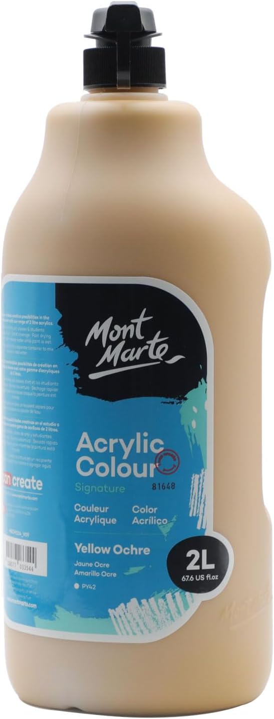 Mont Marte Discovery School Acrylic, Yellow Ochre, 1/2 Gallon (2 Liter). Ideal for Students and Artists. Excellent Coverage and Fast Drying. Pump Lid Included.