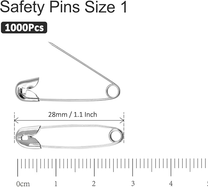 1000PCS 28mm / 1.1 Inch Heavy Duty Quilting Pins, Medium Safety Pins Size 1, Silver Metal Sewing Pins, Sharp Pins for DIY Crafts Jewelry Making Baby Clothing (Nickel Plated)