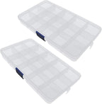 Xiaoyztan Clear Plastic Organizer, 15 Small Grids with Adjustable Dividers, Jewelry Box Bead Storage Container for Small Parts, Fishing Tackle, DIY Crafts, and Earrings, 2Pcs