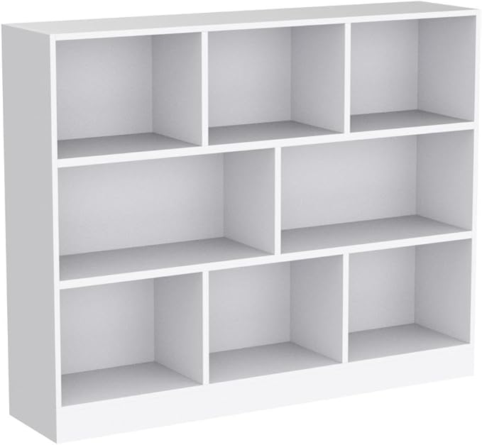 IOTXY Open Shelf Low Bookcase - Wooden 3-Tier Floor Standing Display Cabinet Organizer with Base, 8 Cubes Short Horizontal Bookshelf in Warm White