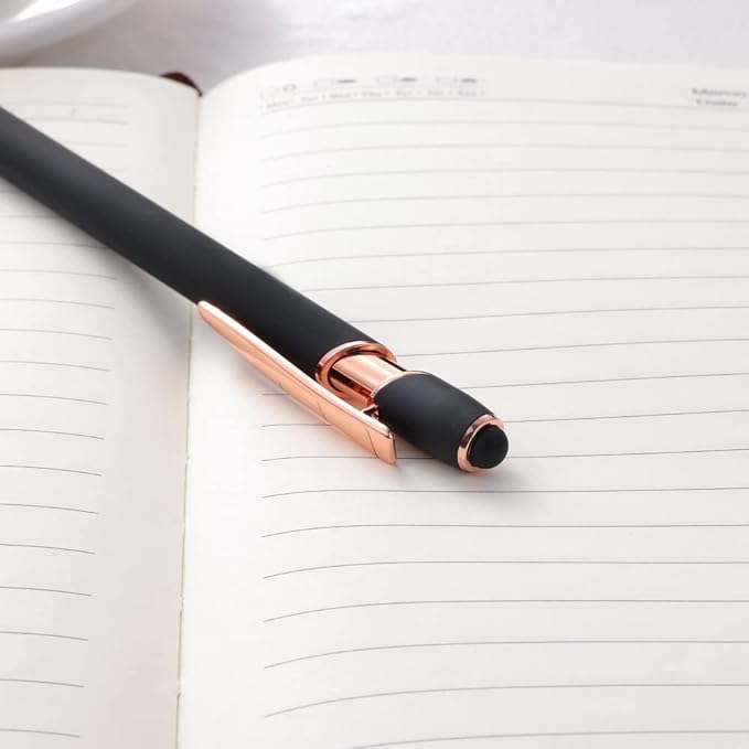 12 PCS 2 in 1 Stylus Ballpoint Pen with Stylus Tip, 1.0 mm Black Ink Metal Pen Stylus Pen for Touch Screens (Rose Gold & Black)