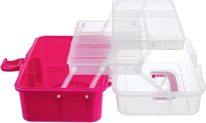 MyGift 13-Inch Dark Pink Plastic Craft Organizer and Storage Box – Clear Carrying Case with Latching Lid & 2 Expandable Trays for Sewing, Tools, First Aid, and Art Supplies