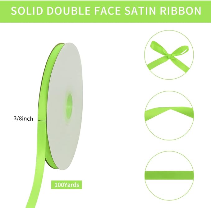 TONIFUL 3/8 Inch x 100yds Fluorescent Apple Green Satin Ribbon Thin Solid Fabric Ribbons Roll for Gift Wrapping Floral Hair Balloons Craft Sewing Party Wedding Decoration Valentine's Day Halloween