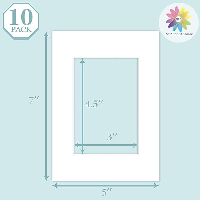 MBC Mat Board Center, 10 Pack 5x7 for 3.5x5 White Picture Mats Frame Mattes, Bevel Cut, Acid Free, 4-ply Thickness