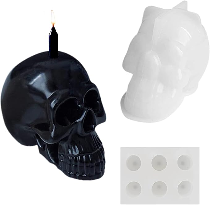 3D Skull Candle Silicone Molds Set, Skull Mold and 6 Holes Mini Candle Mold, The First Choice As Gift for Halloween Plaster Decoration Clay Soap Making Cake Fondant Mould Festival Gifts