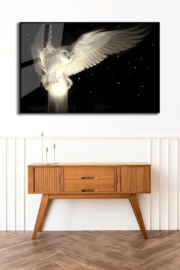 SpiritualHands White Owl Tempered Glass Wall Art Painting for Living Room, Tempered Glass Modern Prints Decor, Large Vivid Color Panel for Bedroom, Kitchen, or Office