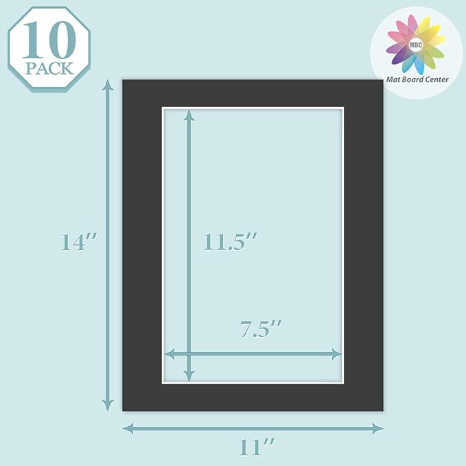 MBC Mat Board Center, 10 Pack 11X14 for 8X12 Black Picture Mats Frame Mattes, Bevel Cut, Acid Free, 4-Ply Thickness