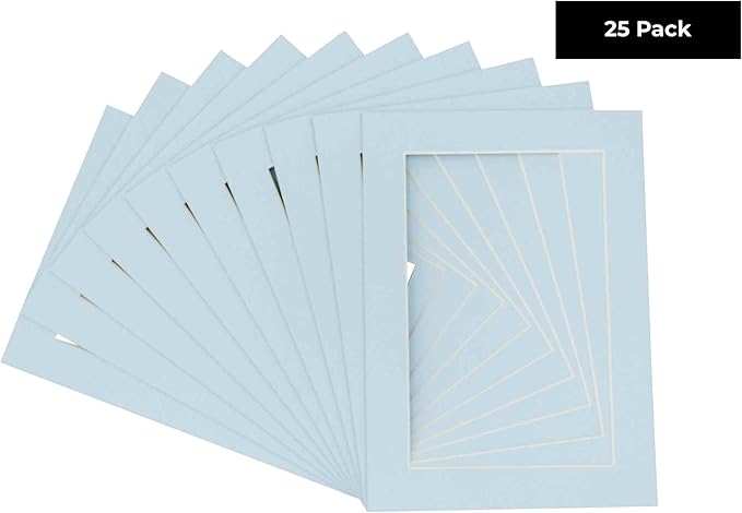 Pack of 25 Acid Free 8x10 Mats Bevel Cut for 5x8 Photos - Baby Blue Precut Matboards With Backing Boards and Clear Photo Mat Bags For Pictures, Photos, Framing - 4-ply Thickness