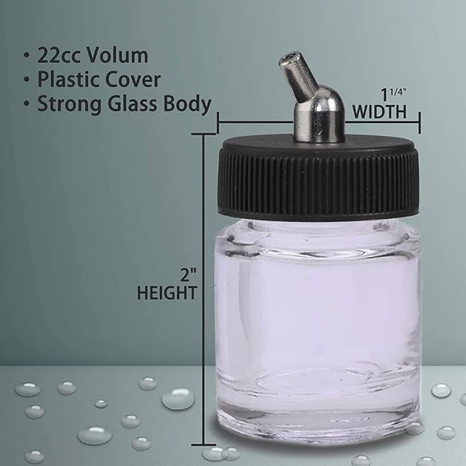 ABEST New 10PCS Airbrush Air Brush Glass Bottle Jar 22CC / Standard Suction Lid Empty 3/4 Ounce (22cc) Glass Jar Bottles with 30° Down Angle Adaptor Lid Assembly