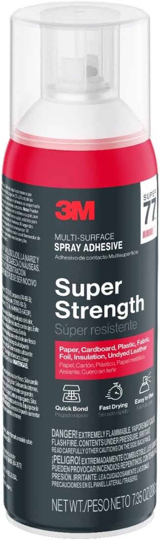 3M Super 77 Multi-Surface Spray Adhesive, 7.35 oz., Low VOC, Quick Bond, Fast Drying, Clear Finish for Foil, Foam, Paper, Metal, Plastic, Fabric, and Cardboard (77-10-NAT)