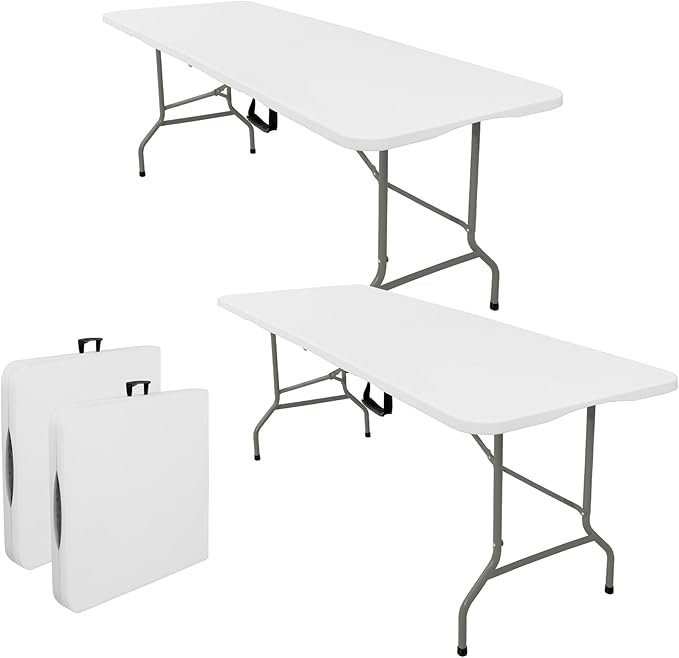 Set of 2 Folding Tables with Carrying Handle Lightweight Rectangular Portable Plastic Camping Table Steel Legs for Party, Dining, Wedding, Events, Picnic Indoor, Outdoor (6FT, White)