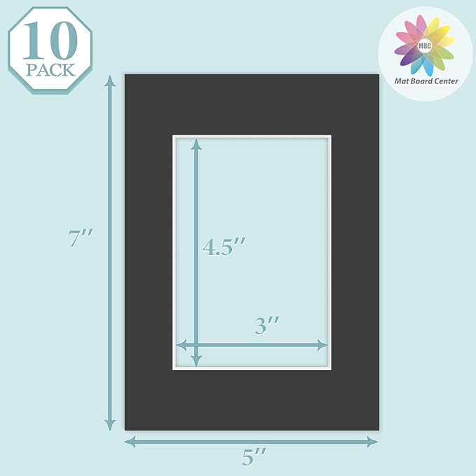 MBC Mat Board Center, 10 Pack 5x7 for 3.5x5 Black Picture Mats Frame Mattes, Bevel Cut, Acid Free, 4-ply Thickness