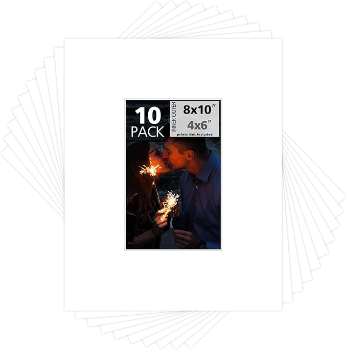 Mat Board Center, Pack of 10, 8x10 for 4x6 White Photo Picture Mats - Acid Free, 4-ply Thickness, White Core - for Pictures, Photos, Framing