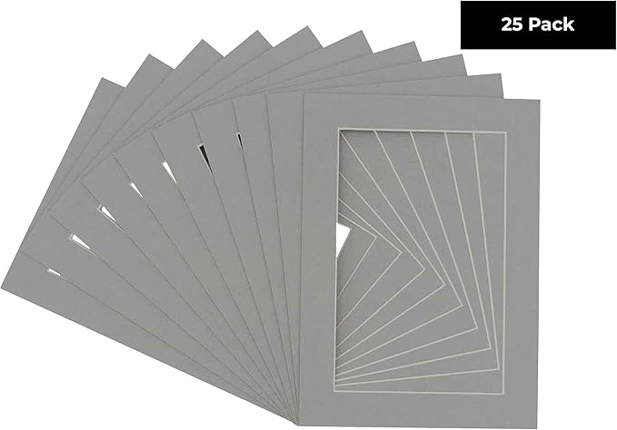 Pack of 25 Acid Free 8x10 Mats Bevel Cut for 5x8 Photos - Mid Grey Precut Matboards With Backing Boards and Clear Photo Mat Bags For Pictures, Photos, Framing - 4-ply Thickness