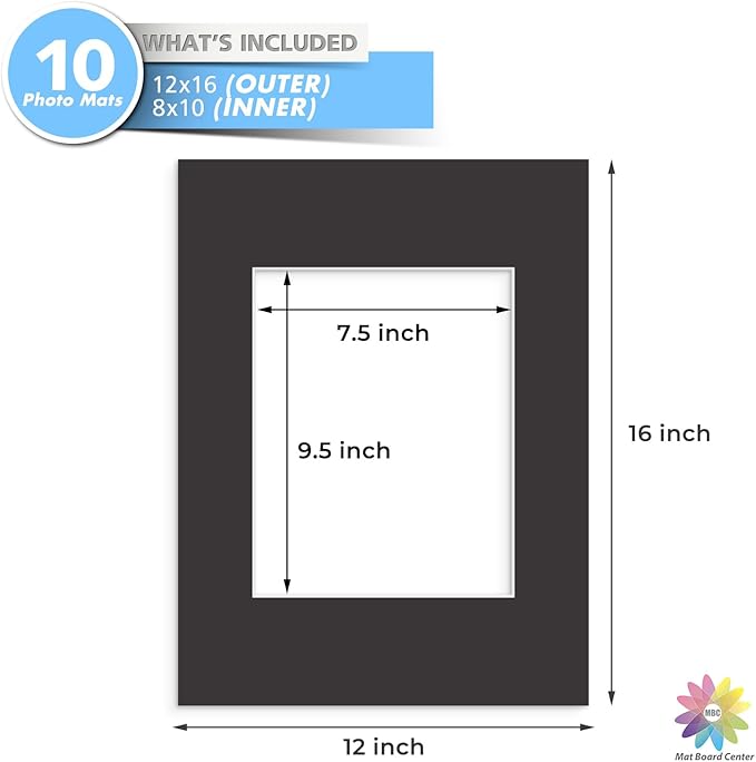 MBC MAT BOARD CENTER, 10 Pack 12x16 for 8x10 Black Picture Mats Frame Mattes, Bevel Cut, Acid Free, 4-ply Thickness