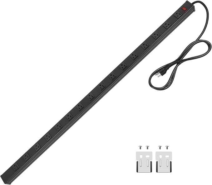 Heavy Duty Power Strip - 16 Outlet Industrial Metal Strip, 6FT Cord, 15A, 125V, 1875W (Black)