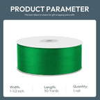 KMER LIFE 1-1/2" Wide x 50 Yards Green Single Faced Polyester Satin Ribbon for Wedding Decor, Wreath, Crafts, Gift Wrapping & Other Projects