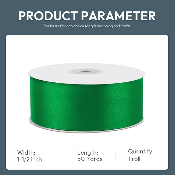 KMER LIFE 1-1/2" Wide x 50 Yards Green Single Faced Polyester Satin Ribbon for Wedding Decor, Wreath, Crafts, Gift Wrapping & Other Projects