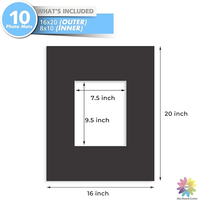 MBC MAT BOARD CENTER, 10 Pack 16x20 for 8x10 Black Picture Mats Frame Mattes, Bevel Cut, Acid Free, 4-ply Thickness